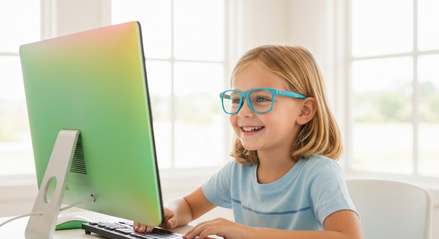 Child using computer for RevitalVision brain training vision therapy at Eyecare Kids